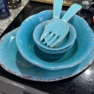 Pier 1 Imports Rustic Carmelo Set of Melamine Crackle Tiffany Blue 7pc Unique